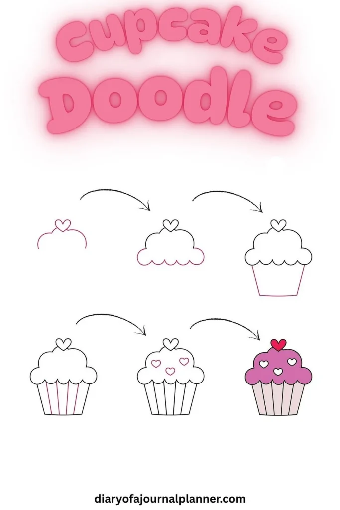 Step-by-step guide to drawing a cute cupcake doodle with heart decorations.