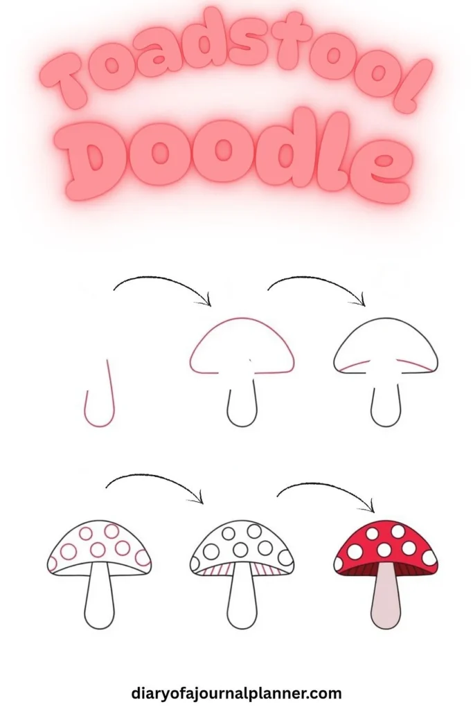 Step-by-step guide to drawing a toadstool doodle, with simple illustrated instructions.