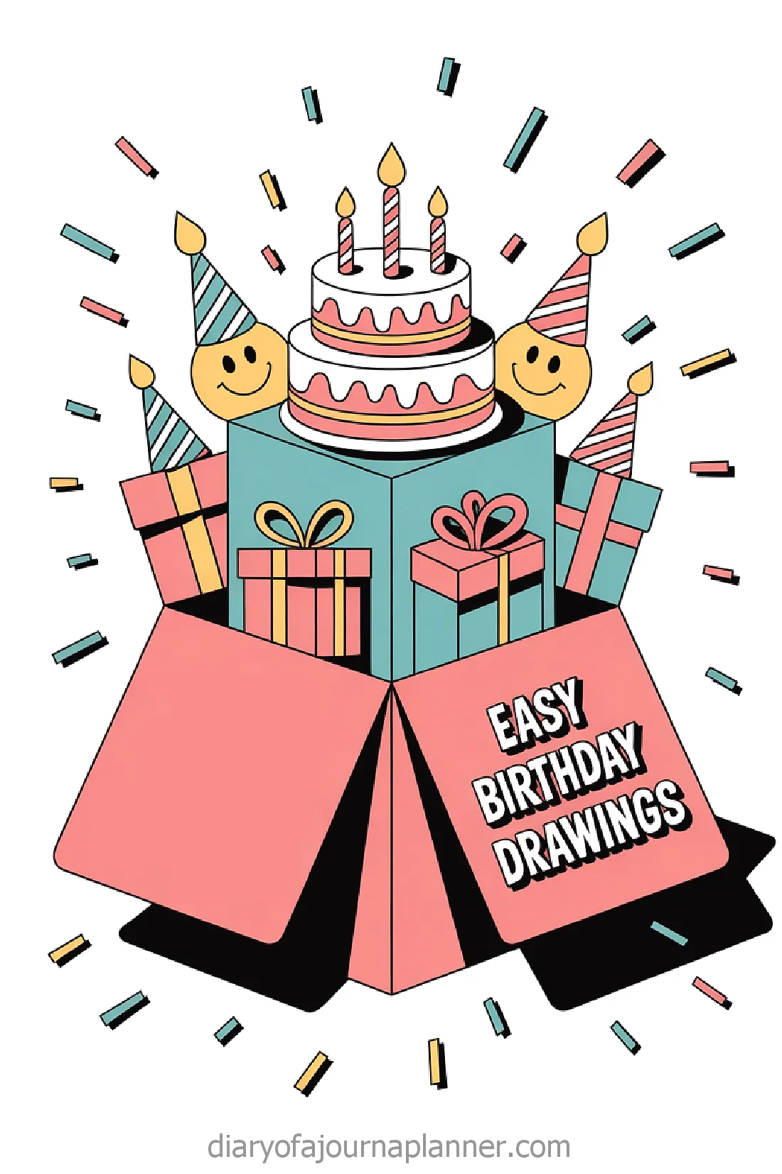 Colorful birthday pop-up card with cake, gifts, and smiley faces. Easy birthday drawings. Festive design with confetti.