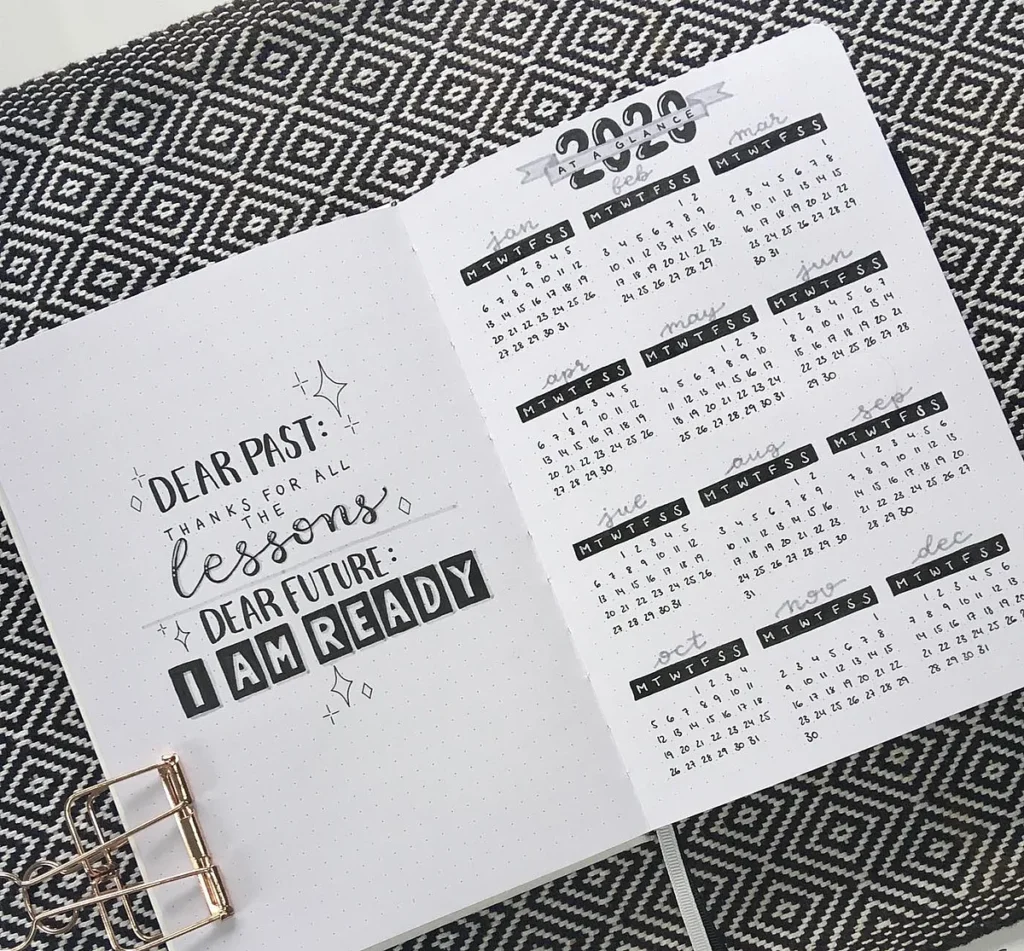 Bullet journal calendar for 2023 with motivational quote about learning from the past and readiness for the future.