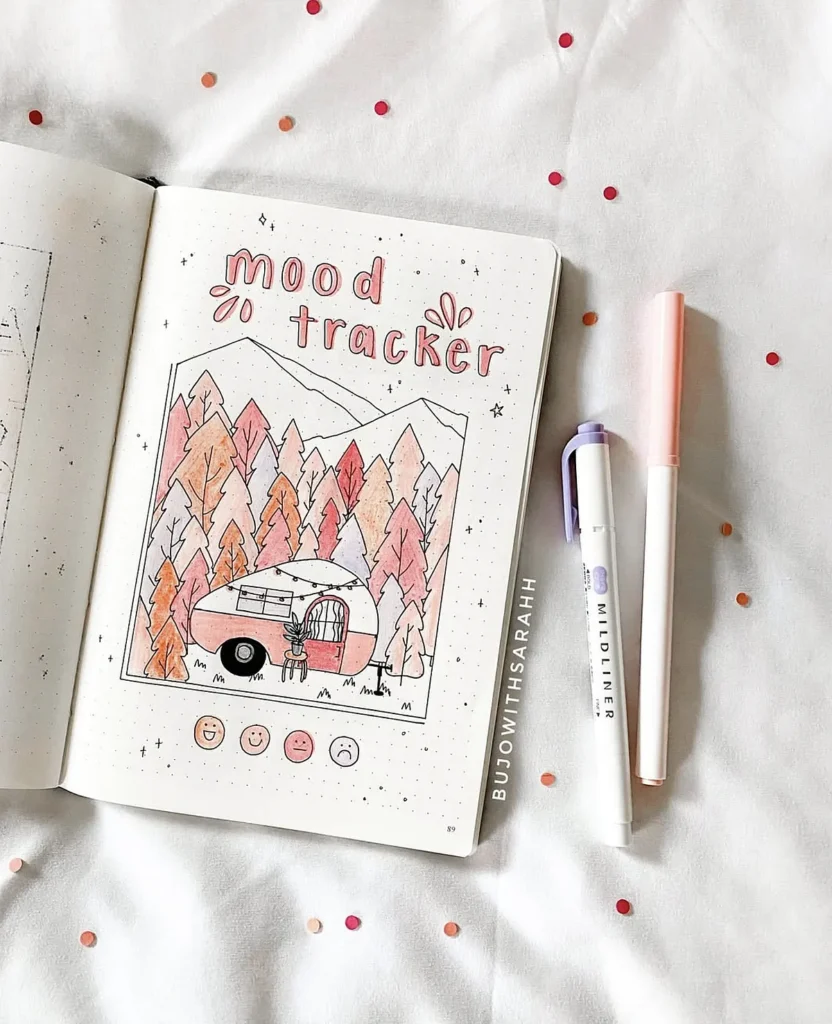 Bullet journal mood tracker with autumn colors and pens on a dotted page.