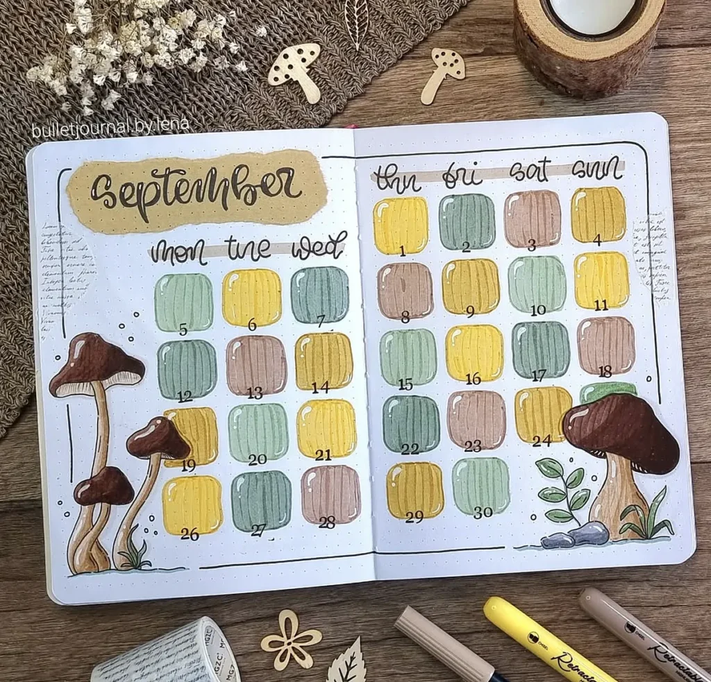 September bullet journal spread with colorful squares, mushroom drawings, and natural elements.