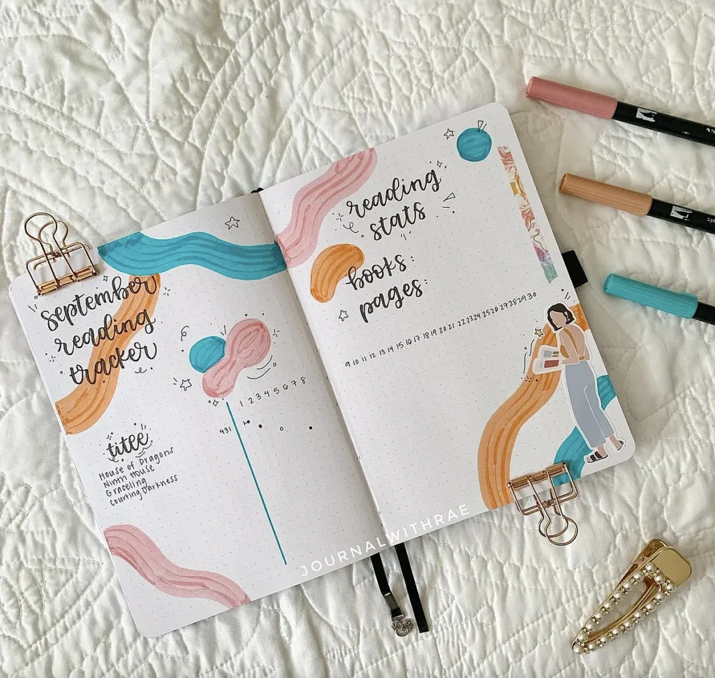 Decorative bullet journal layout for September reading tracker with colorful markers on a quilted background.