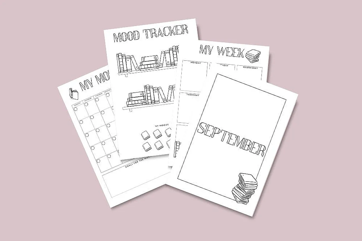 Printable September Bullet Journal Pages with mood tracker, weekly schedule, and monthly calendar layout on a pink background.