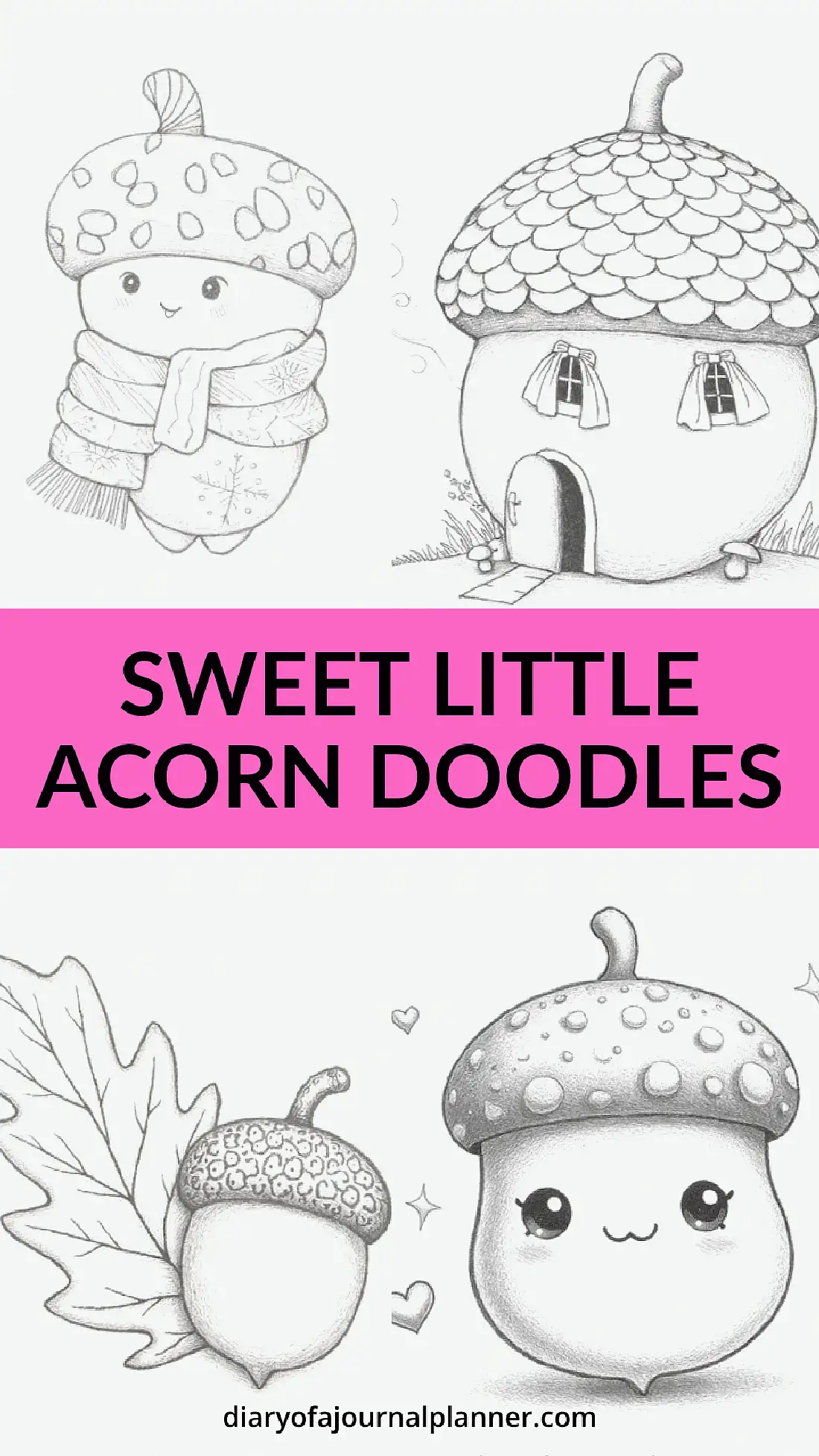 Cute acorn doodles featuring a cozy acorn house and smiling acorn characters, perfect for creative journaling.