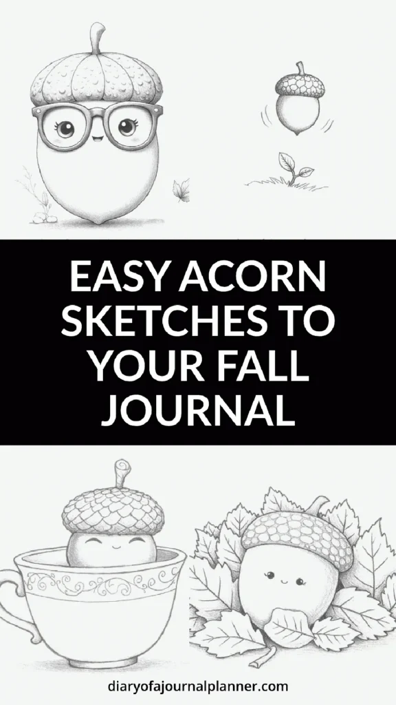 Cute acorn sketches for your fall journal, featuring acorns with glasses, in a cup, and among leaves.