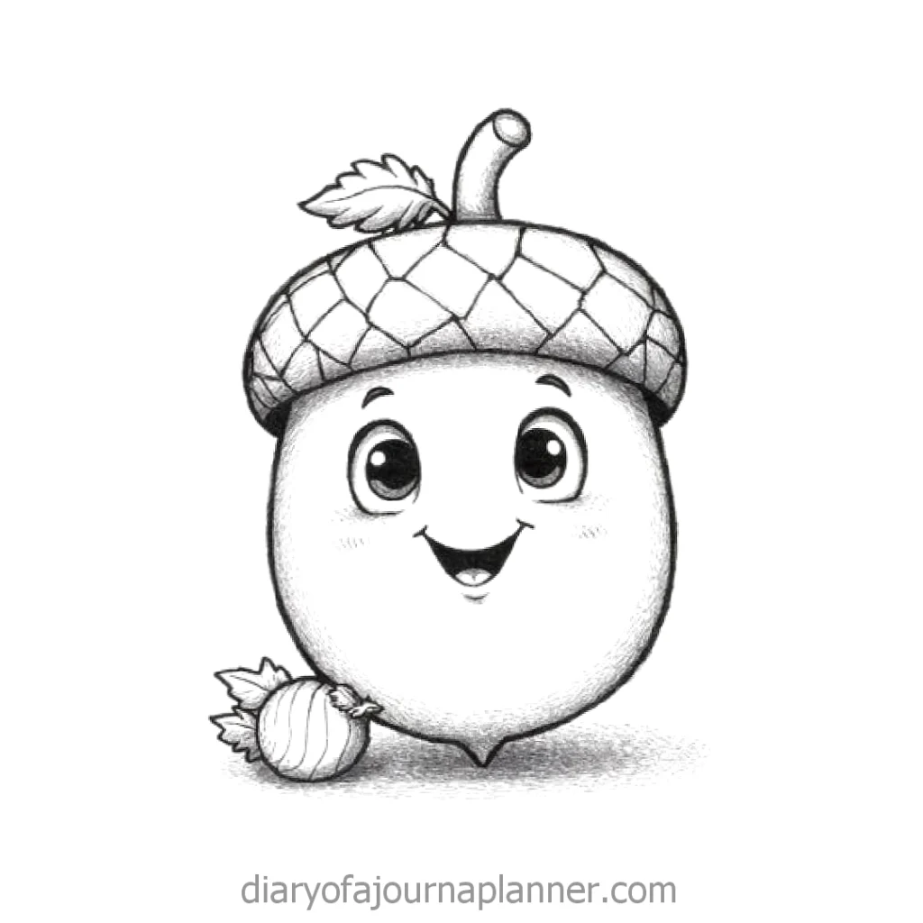 Smiling cartoon acorn with leaf cap and small pumpkin. Cute black and white sketch.