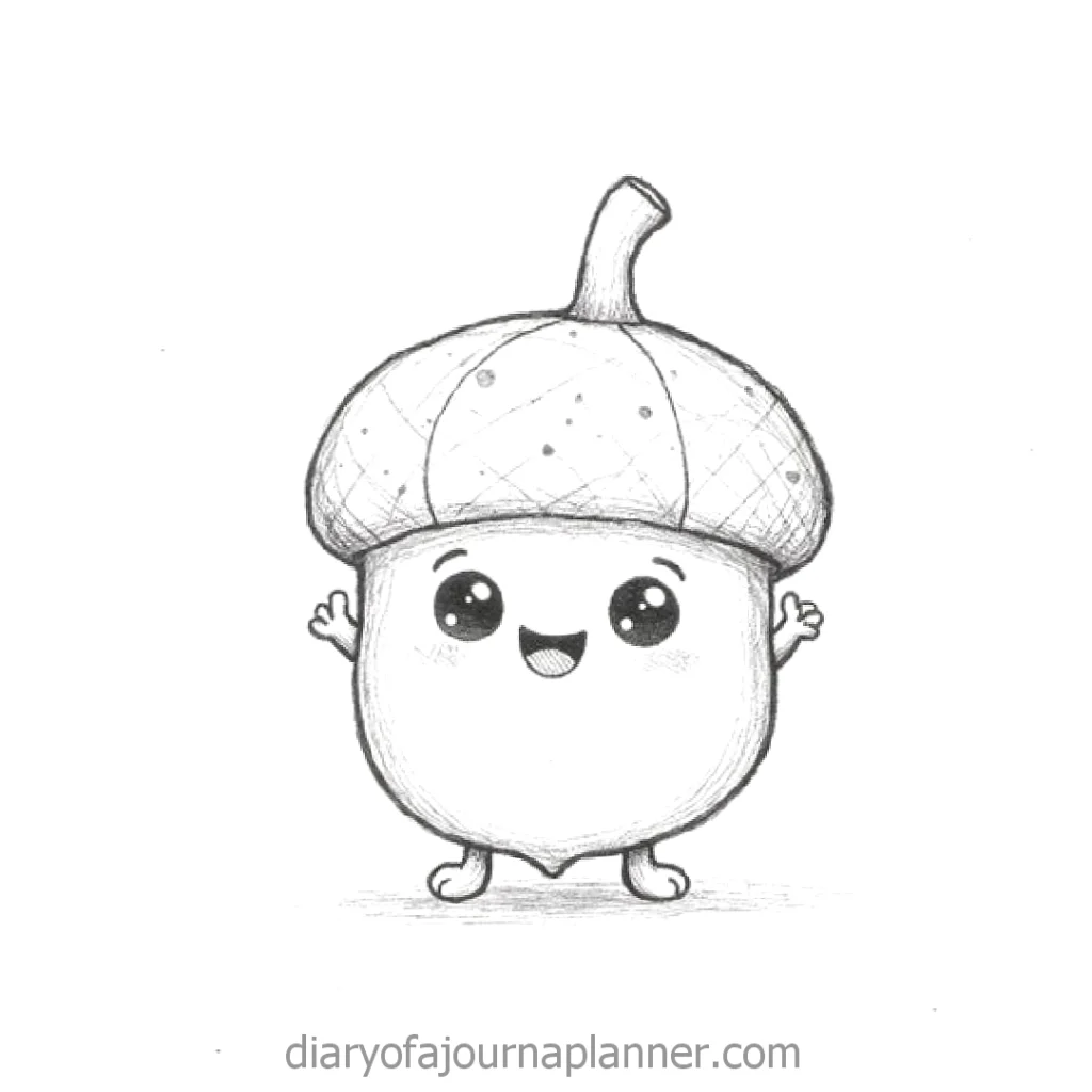 Cute smiling acorn character with arms and legs, sketched in black and white.
