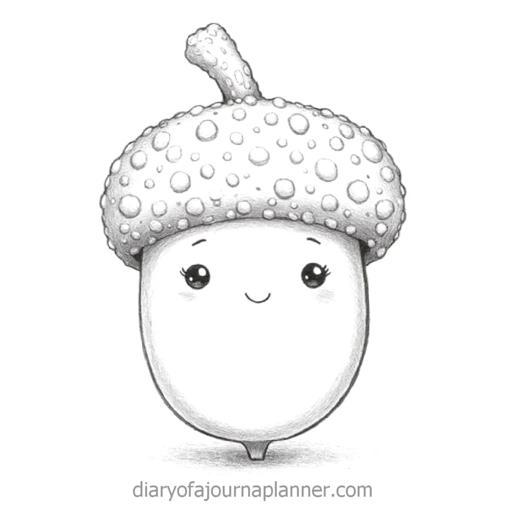 Smiling acorn cartoon with textured cap and cute face, perfect for journals and planners illustration.