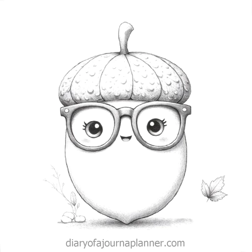 Cute acorn character with glasses and a smiling face, featuring leaves and twigs, sketch style illustration.