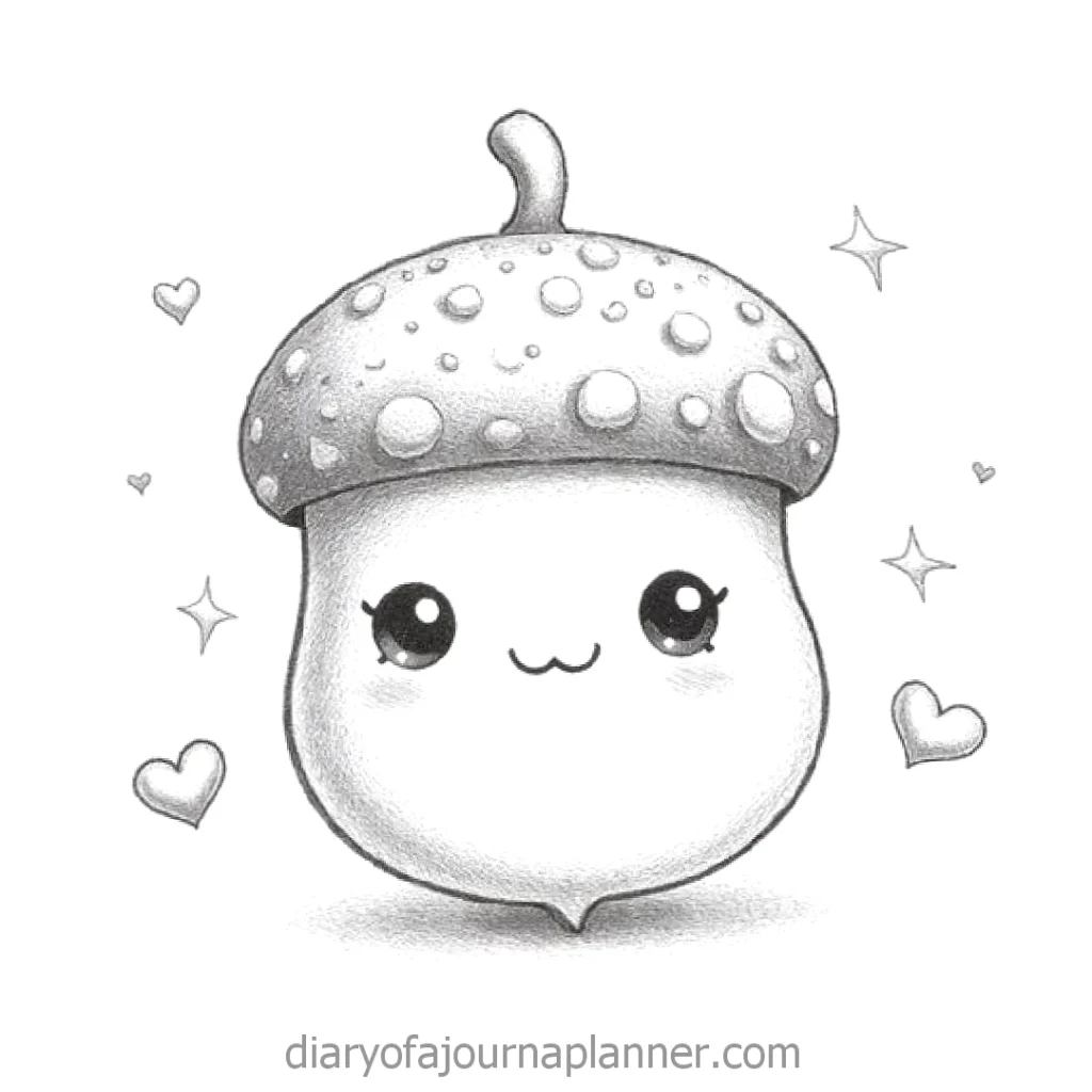 Cute kawaii acorn illustration with smiley face, surrounded by hearts and sparkles. Black and white sketch.