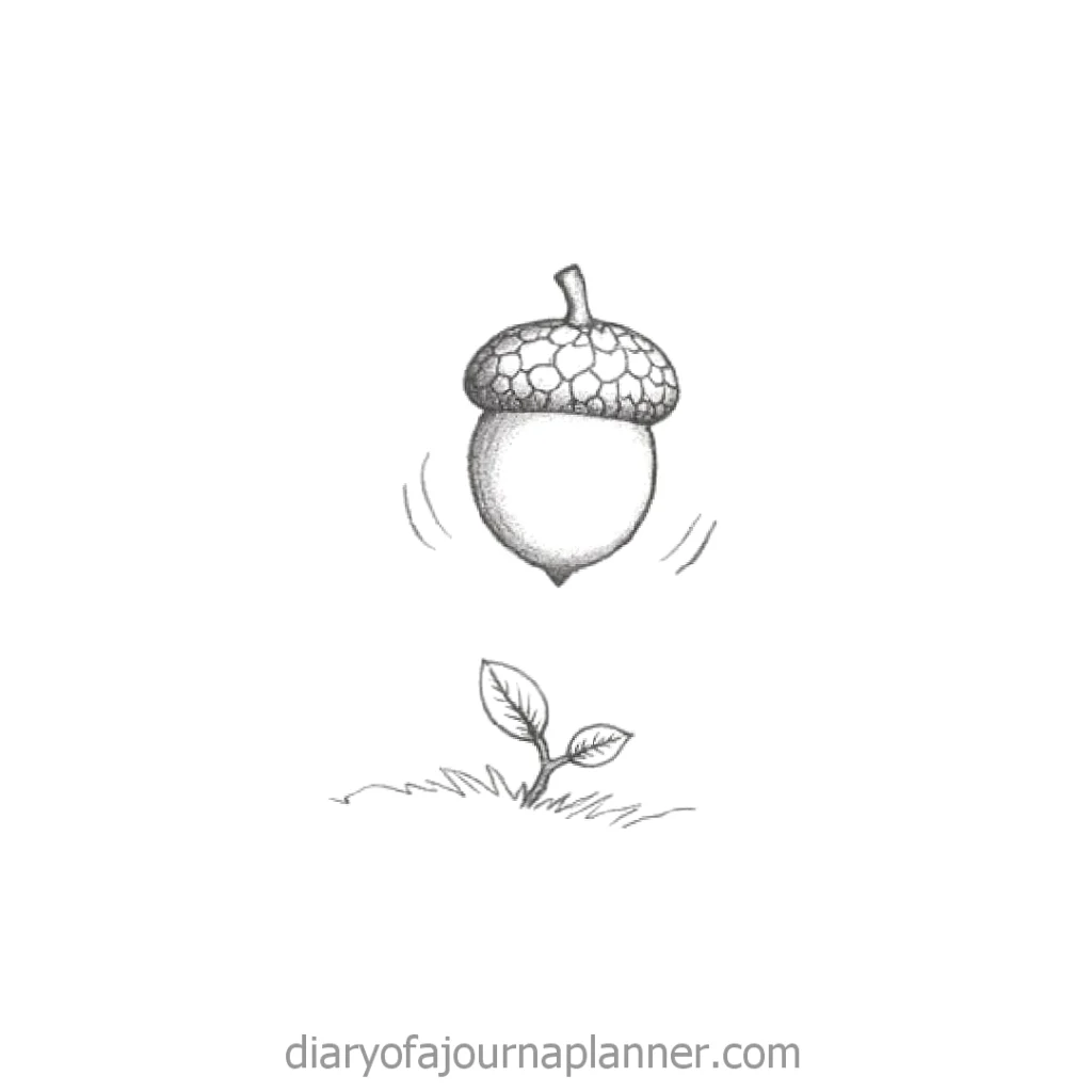 Drawing of a bouncing acorn above sprouting leaves, symbolizing growth and potential on a white background.