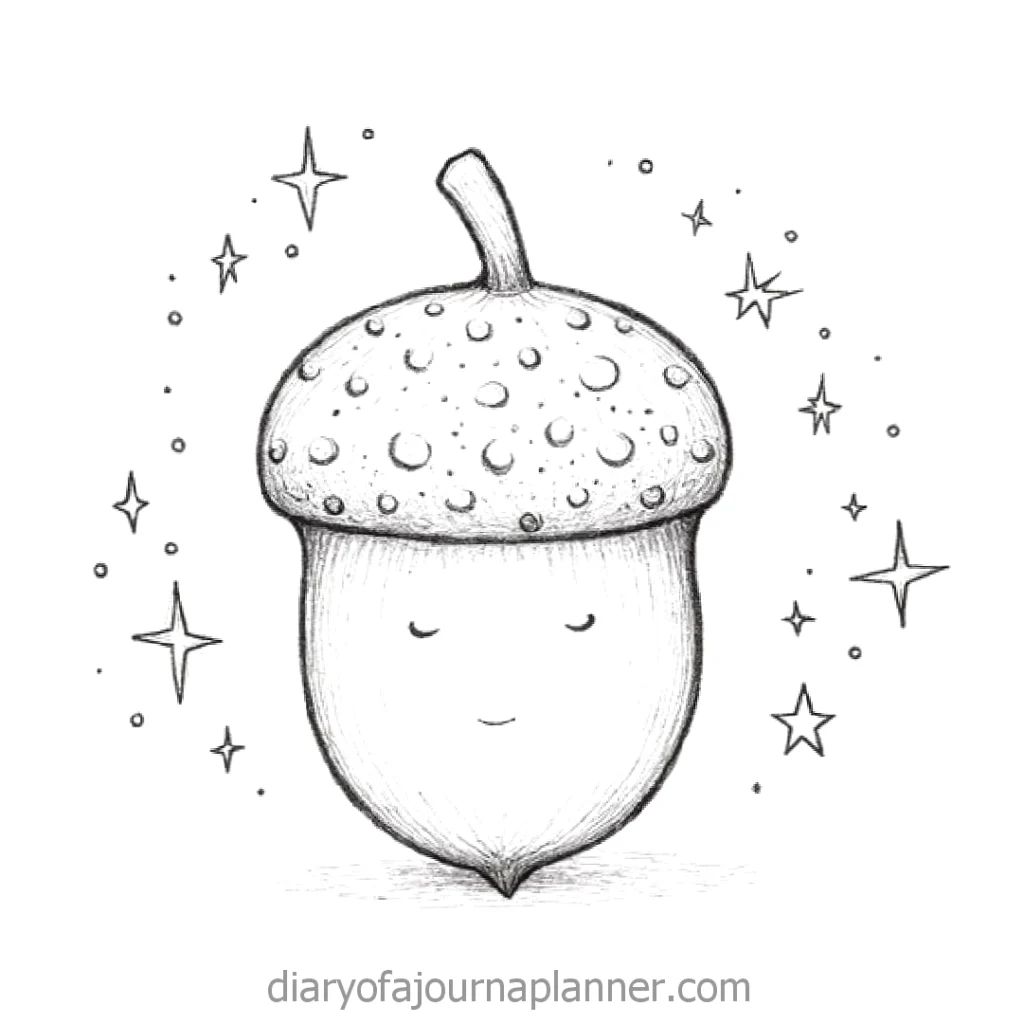 Cute doodle of a smiling acorn with scattered stars around it, creating a whimsical and charming illustration.