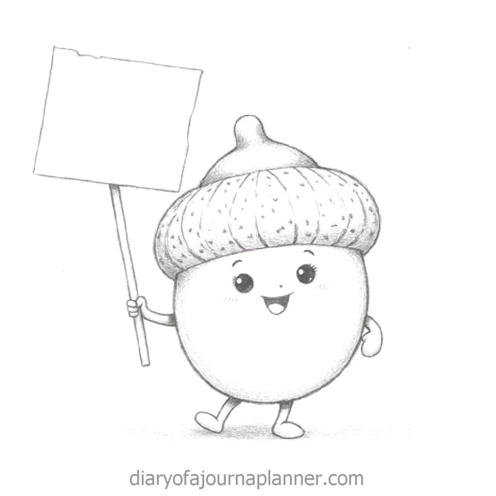 Cute acorn character holding a blank sign, smiling cheerfully. Perfect for autumn-themed content or creative banners.