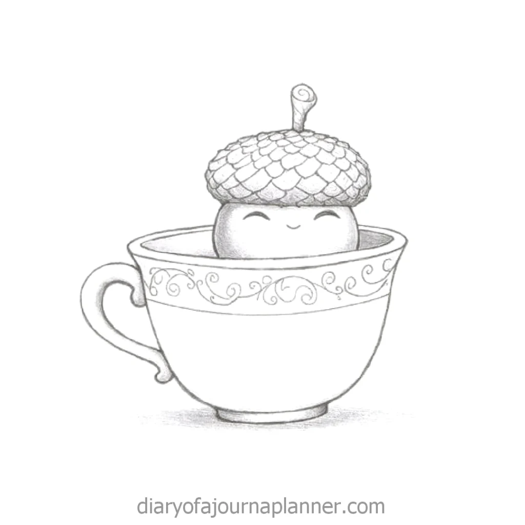Cute acorn character in a teacup sketch, smiling and whimsical, perfect for autumn-themed illustrations.