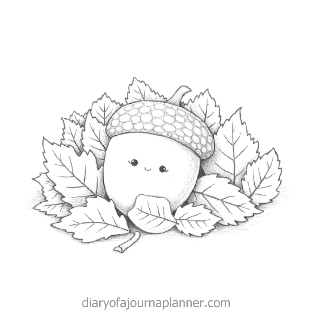 Cute cartoon acorn with a smiling face surrounded by leaves, black and white illustration.