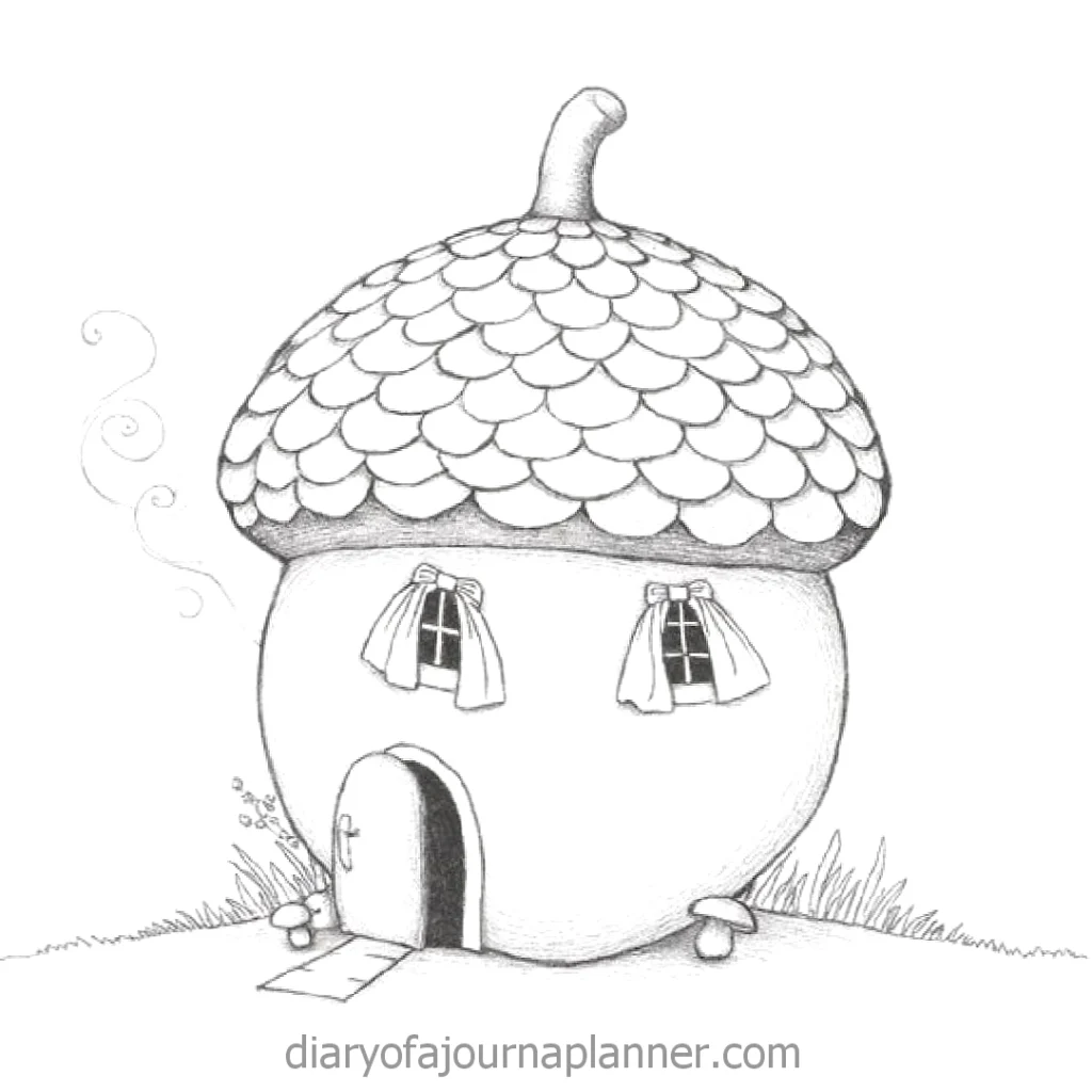 Illustrated acorn-shaped fairy house with door, windows, and smoke, set in a whimsical garden.