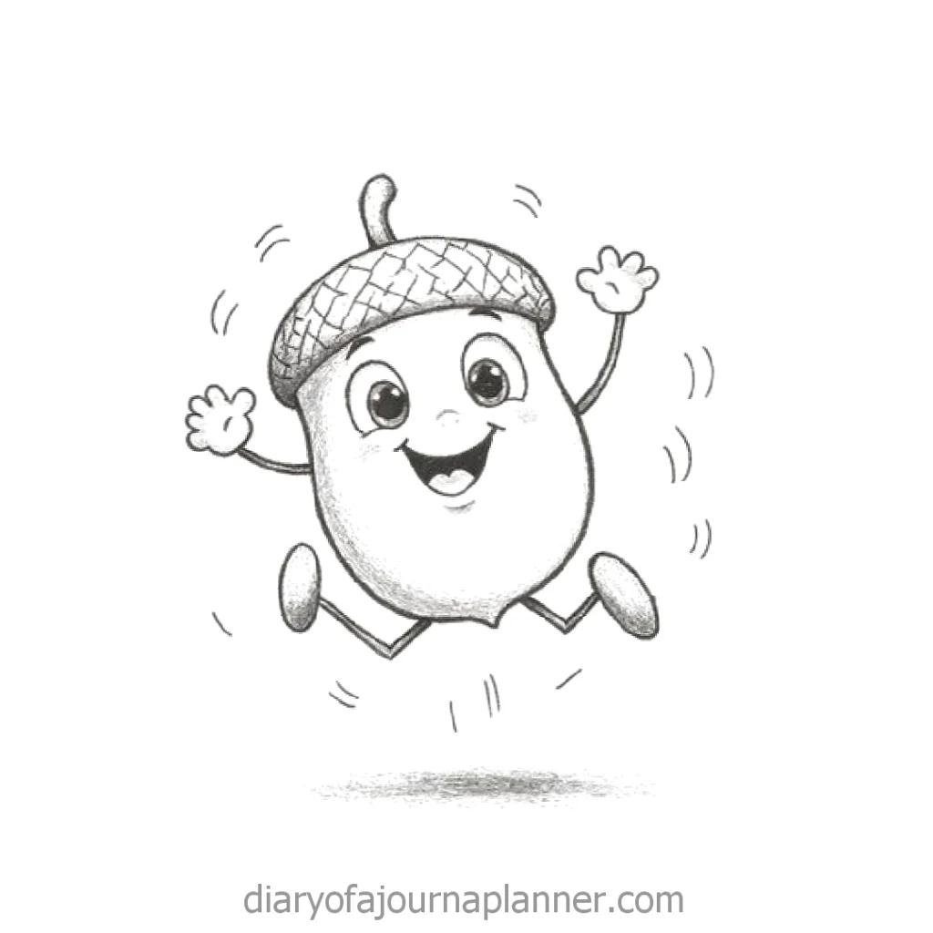 Happy cartoon acorn character joyfully jumping with arms raised, conveying excitement and cheerfulness.