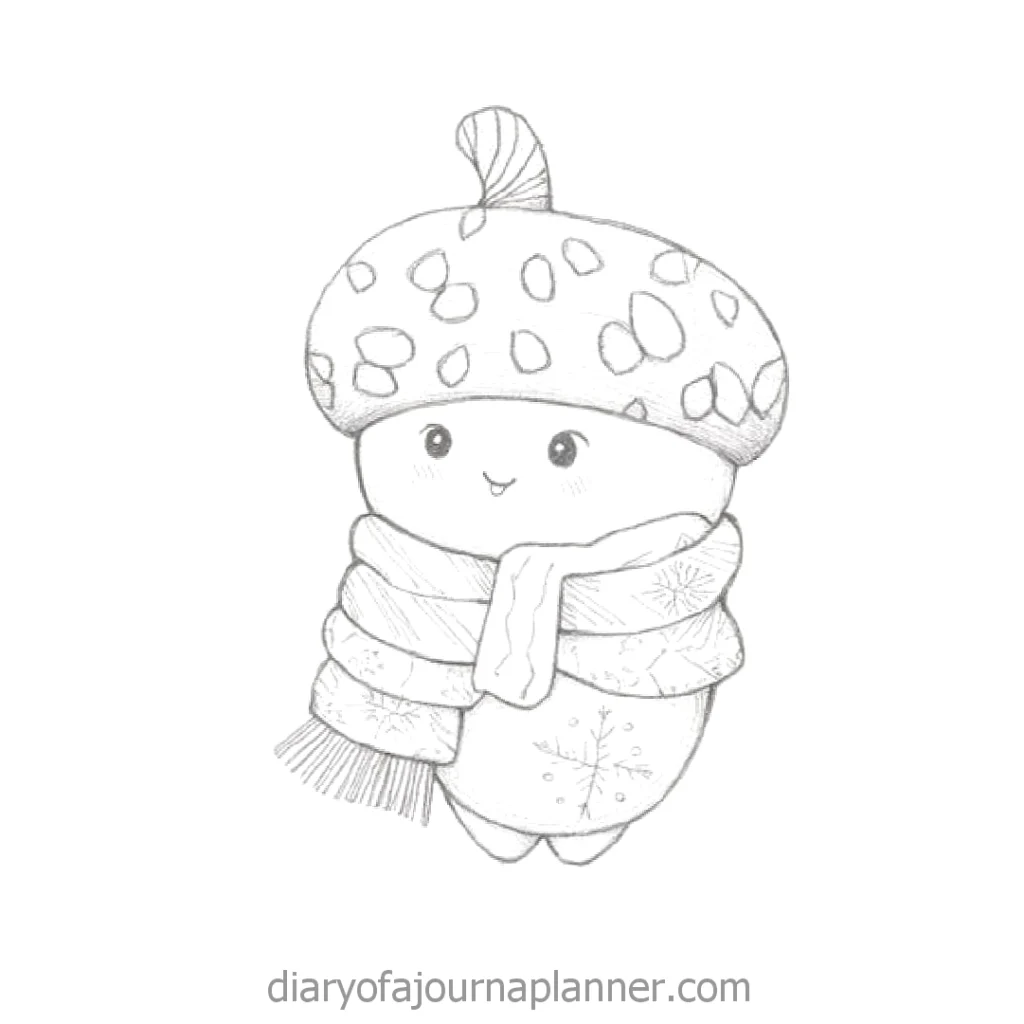 Cute hand-drawn character in a spotted mushroom hat and scarf, smiling warmly.
