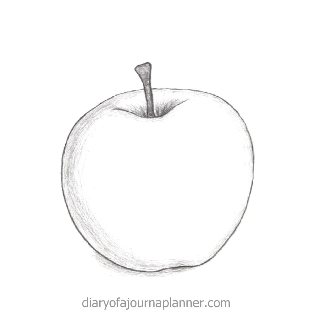 Pencil sketch of an apple with a stem on a white background, highlighting artistic detail and minimalist style.