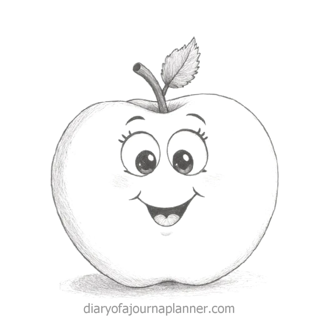 Smiling cartoon apple sketch with big eyes and leaf on top, conveying a cheerful vibe.
