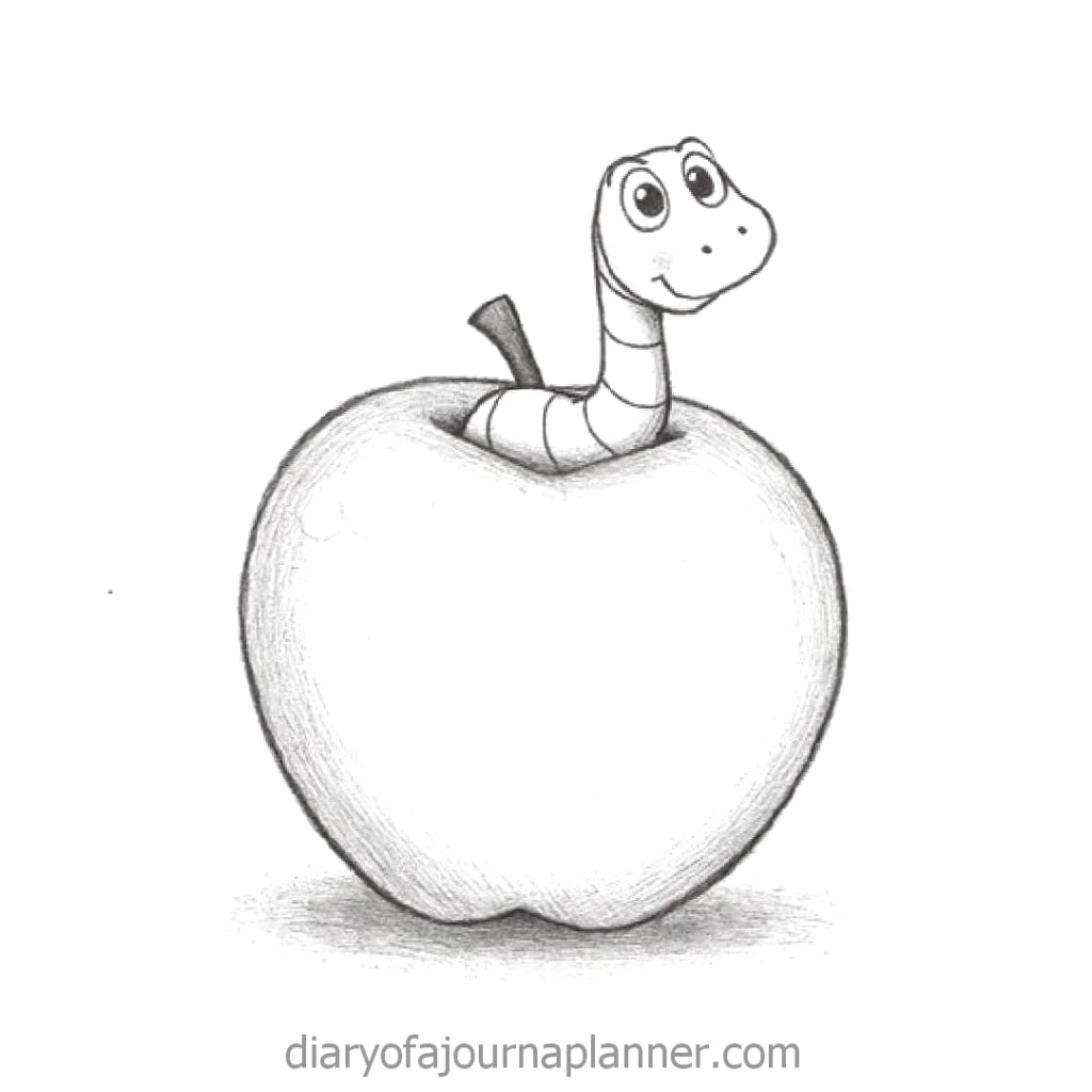 Cartoon worm peeking out of an apple sketch, playful and fun illustration.