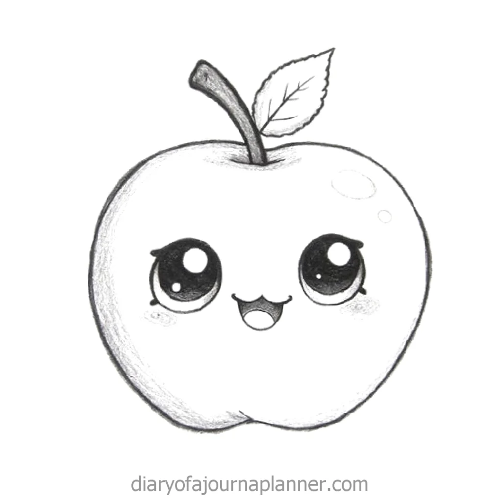 Kawaii style smiling apple sketch with large eyes and a happy expression, featuring a leaf on top.