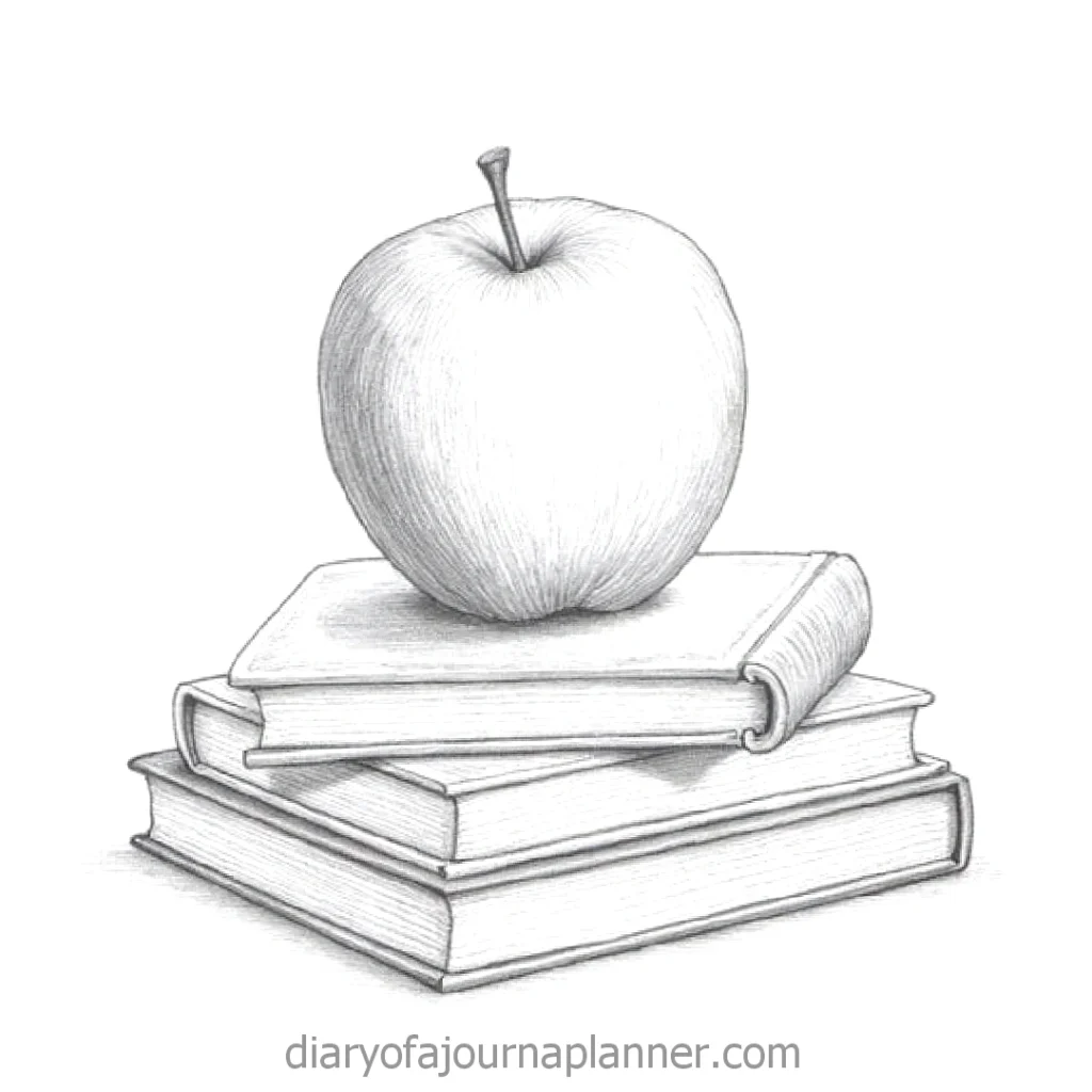 Pencil drawing of an apple on stacked books, symbolizing education and knowledge.