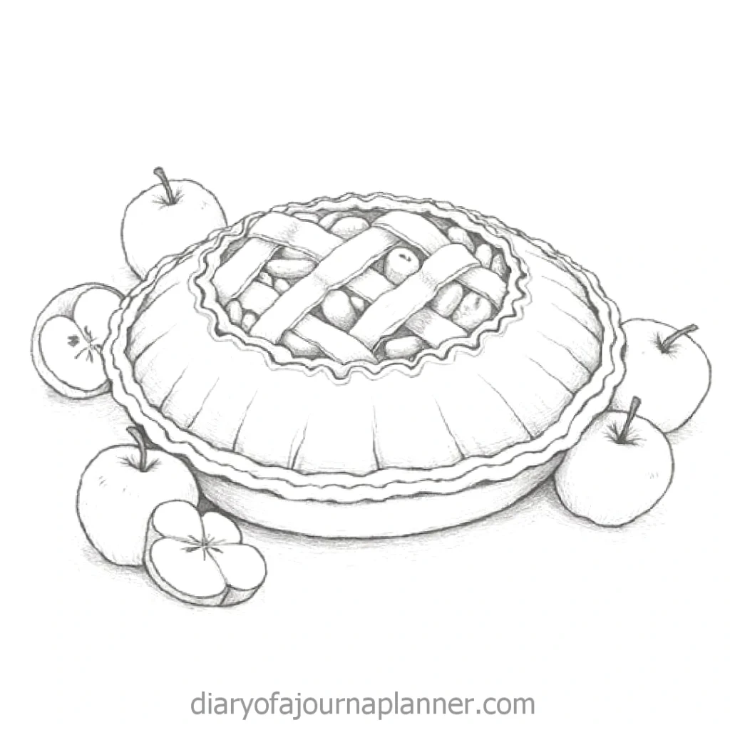 Sketch of a lattice-topped apple pie surrounded by whole and sliced apples.