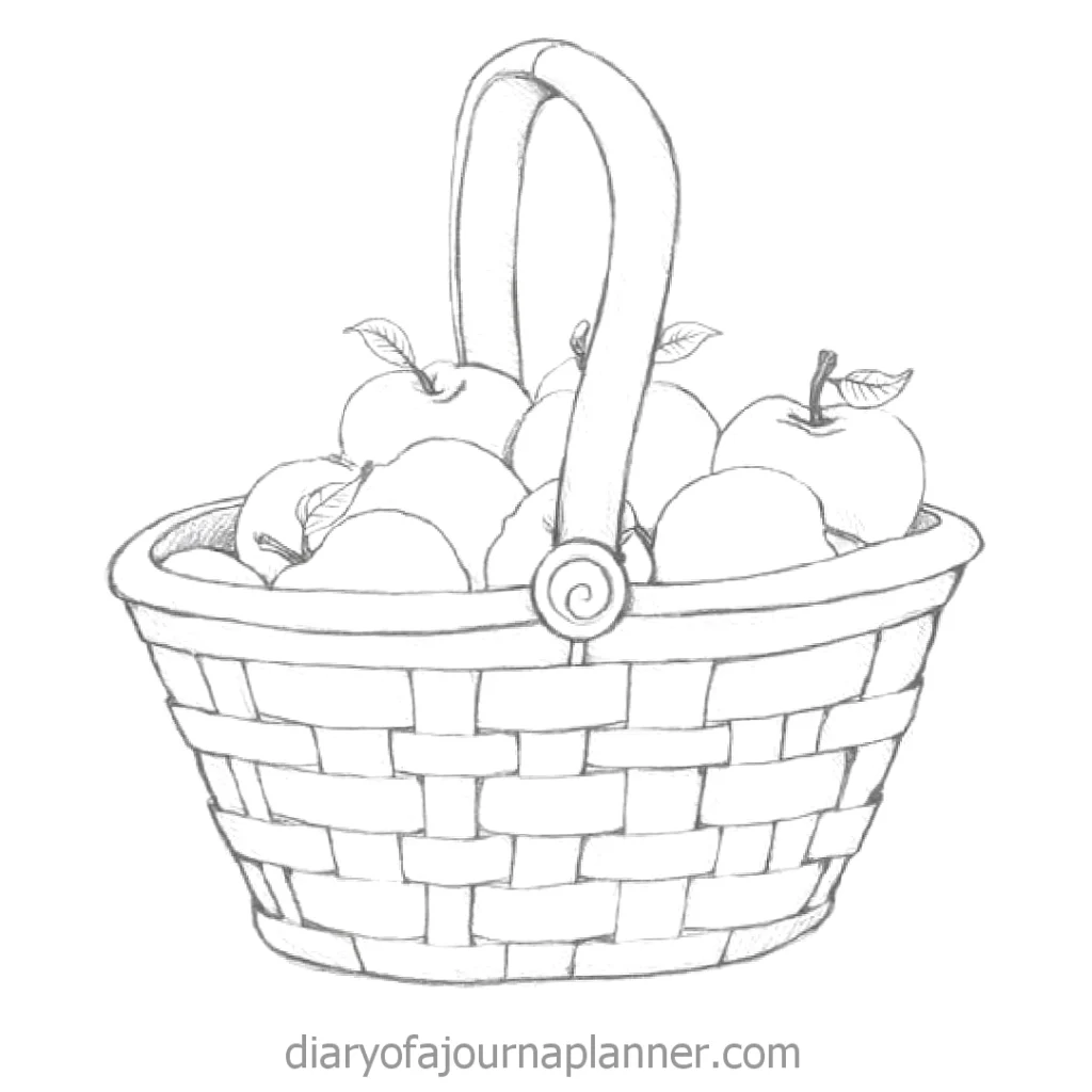 Illustration of a wicker basket filled with apples, ideal for coloring pages or drawing practice.