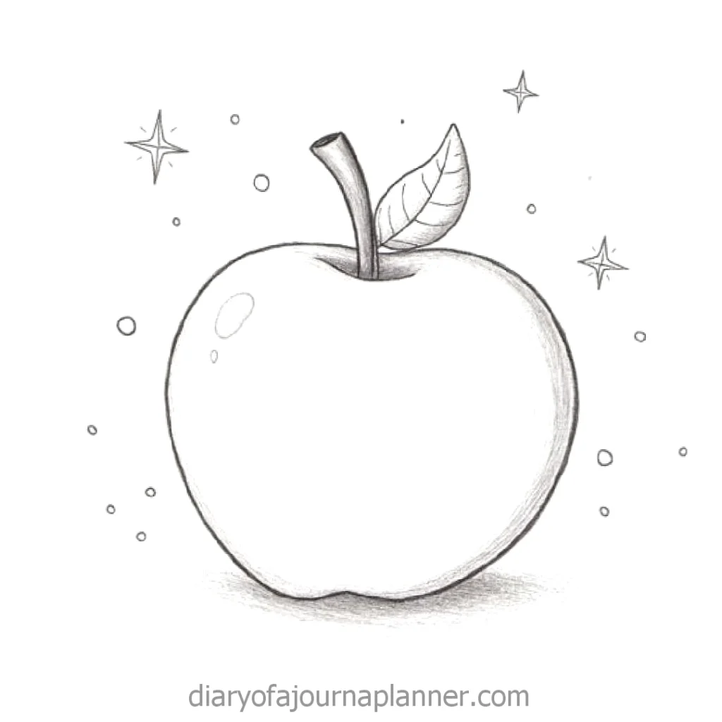 Simple black and white sketch of an apple with a leaf, surrounded by tiny stars and dots.