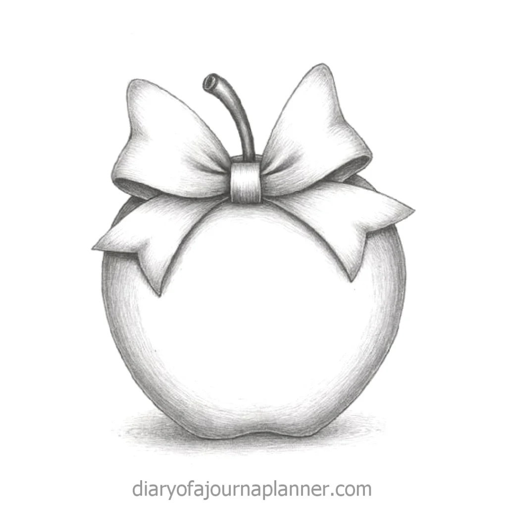 Pencil drawing of an apple with a large bow, black and white sketch, artistic fruit illustration.