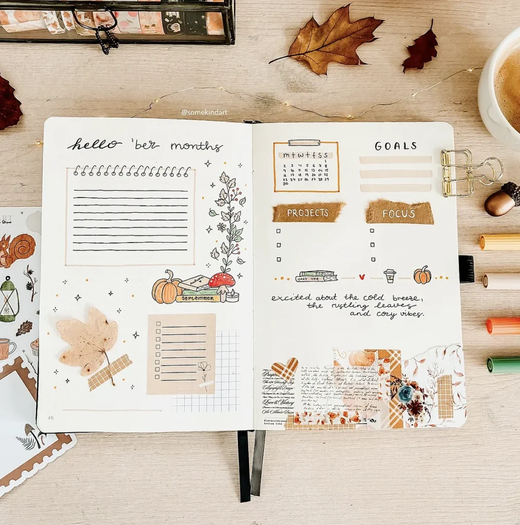 Autumn-themed planner spread with notes, doodles, and goals, surrounded by fall leaves and warm colored stationery.