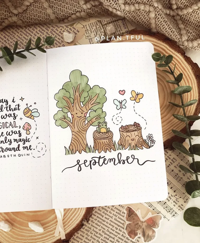 Hand-drawn September journal page with trees, stumps, butterflies, and leaves, surrounded by natural elements.