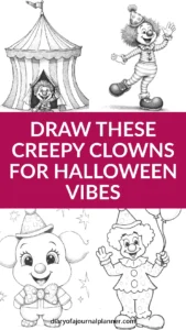 Sketch illustrations of creepy Halloween clowns, perfect for drawing inspiration and spooky vibes.