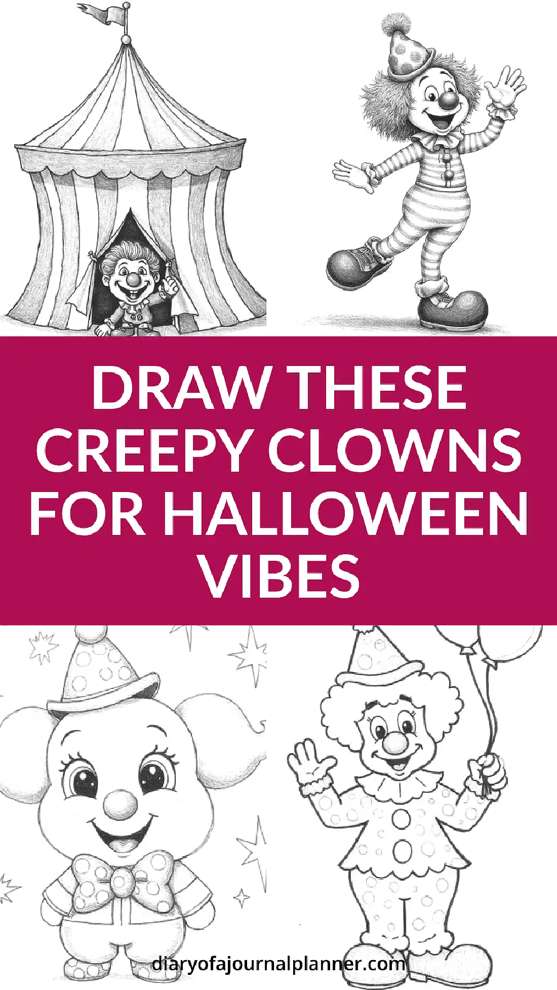 Sketch illustrations of creepy Halloween clowns, perfect for drawing inspiration and spooky vibes.