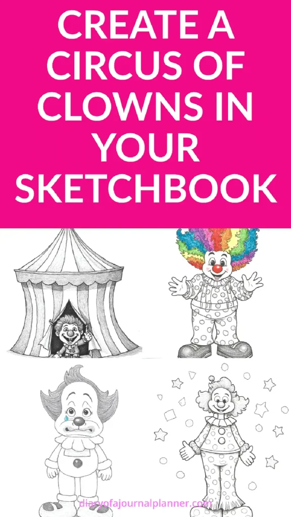 Illustrated circus clowns for sketchbook inspiration, featuring colorful and black-and-white drawings.