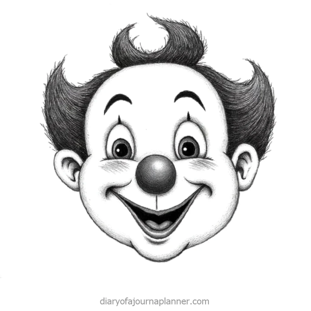 Smiling cartoon clown face with big eyes, bulbous nose, and fluffy hair. Black and white sketch style.