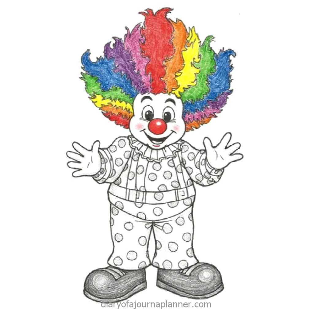 Colorful clown illustration with vibrant hair, polka dot outfit, and big shoes, spreading joy with a big smile.