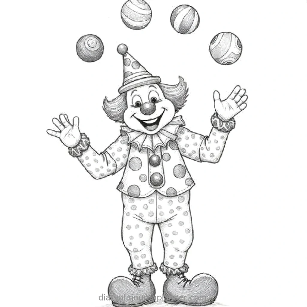 Black and white sketch of a clown happily juggling five balls, wearing a polka dot costume and a pointy hat.