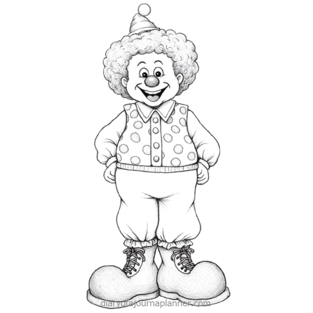 Illustrated clown with polka dot vest, curly hair, and big shoes. Perfect for coloring or children's entertainment themes.