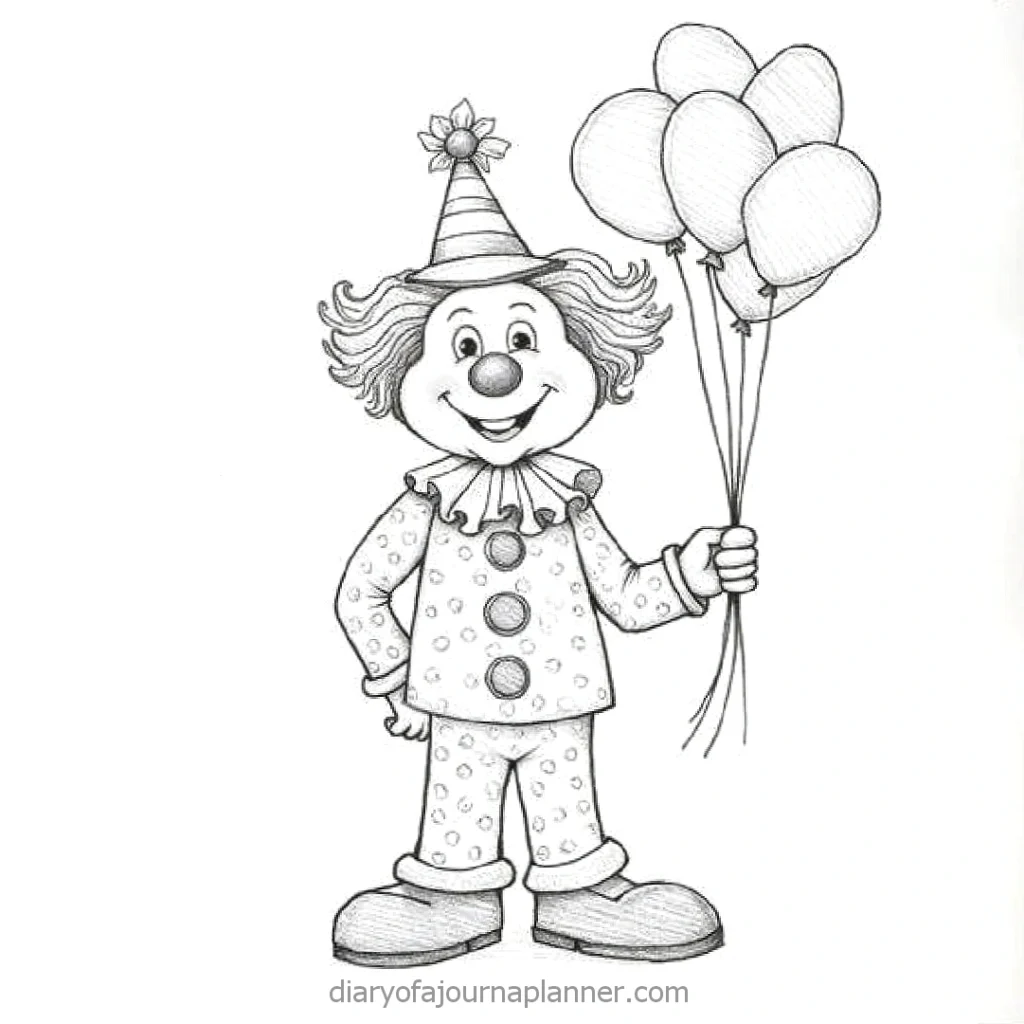 Cheerful clown sketch holding balloons with a hat and polka dot suit, perfect for coloring or circus-themed designs.