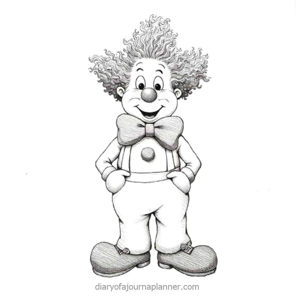 Cartoon clown with curly hair, big bow tie, and oversized shoes smiling. Black and white sketch.