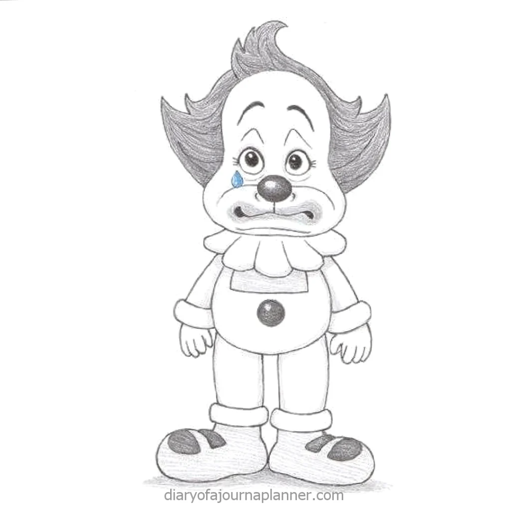 Sketch of a sad clown with a tear, wearing a classic outfit and oversized shoes, standing with a forlorn expression.
