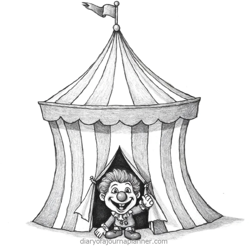 Circus clown standing in front of striped tent, smiling and waving. Sketch illustration with playful theme.