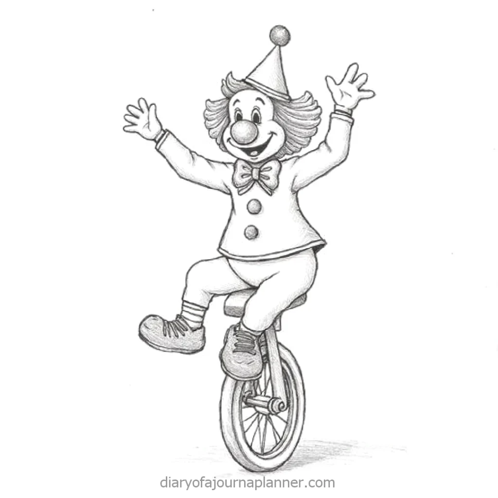 Clown joyfully riding a unicycle, arms raised, wearing a hat and bowtie. Fun circus illustration.
