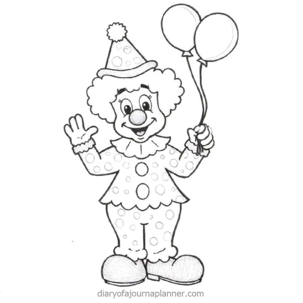 Black and white clown sketch holding balloons, smiling and waving, wearing a hat with polka dots.