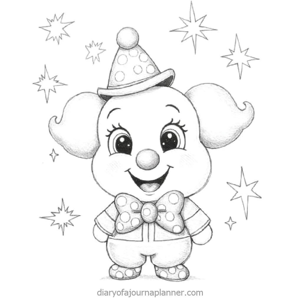 Cute clown drawing with whimsical stars, featuring a polka dot bow tie and hat. Perfect for kid-friendly themes!