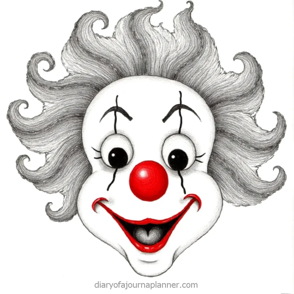 Whimsical clown illustration with curly hair and a bright red nose, smiling widely.