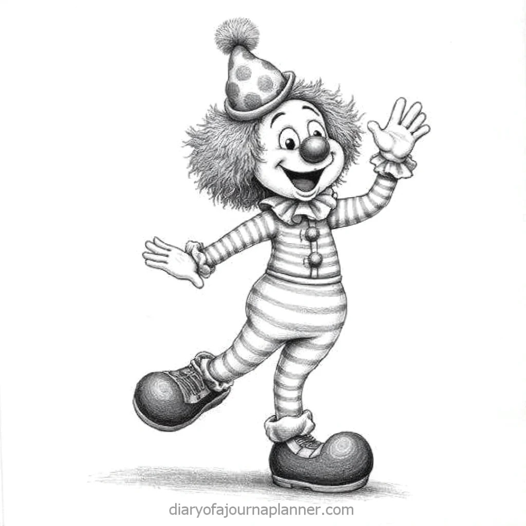 Playful clown in striped outfit and hat waving with a joyful expression, pencil sketch.